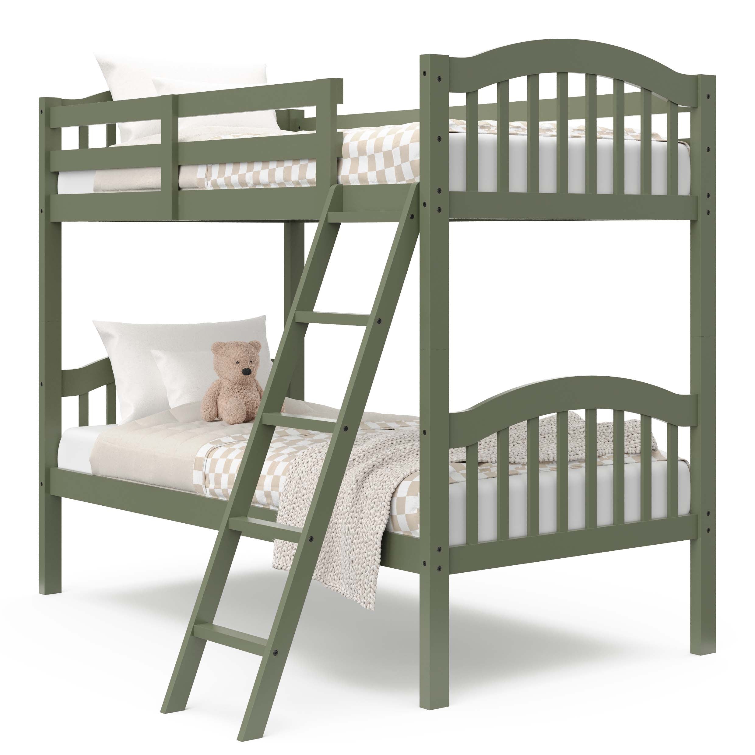 twin bunk bed angled view (olive)