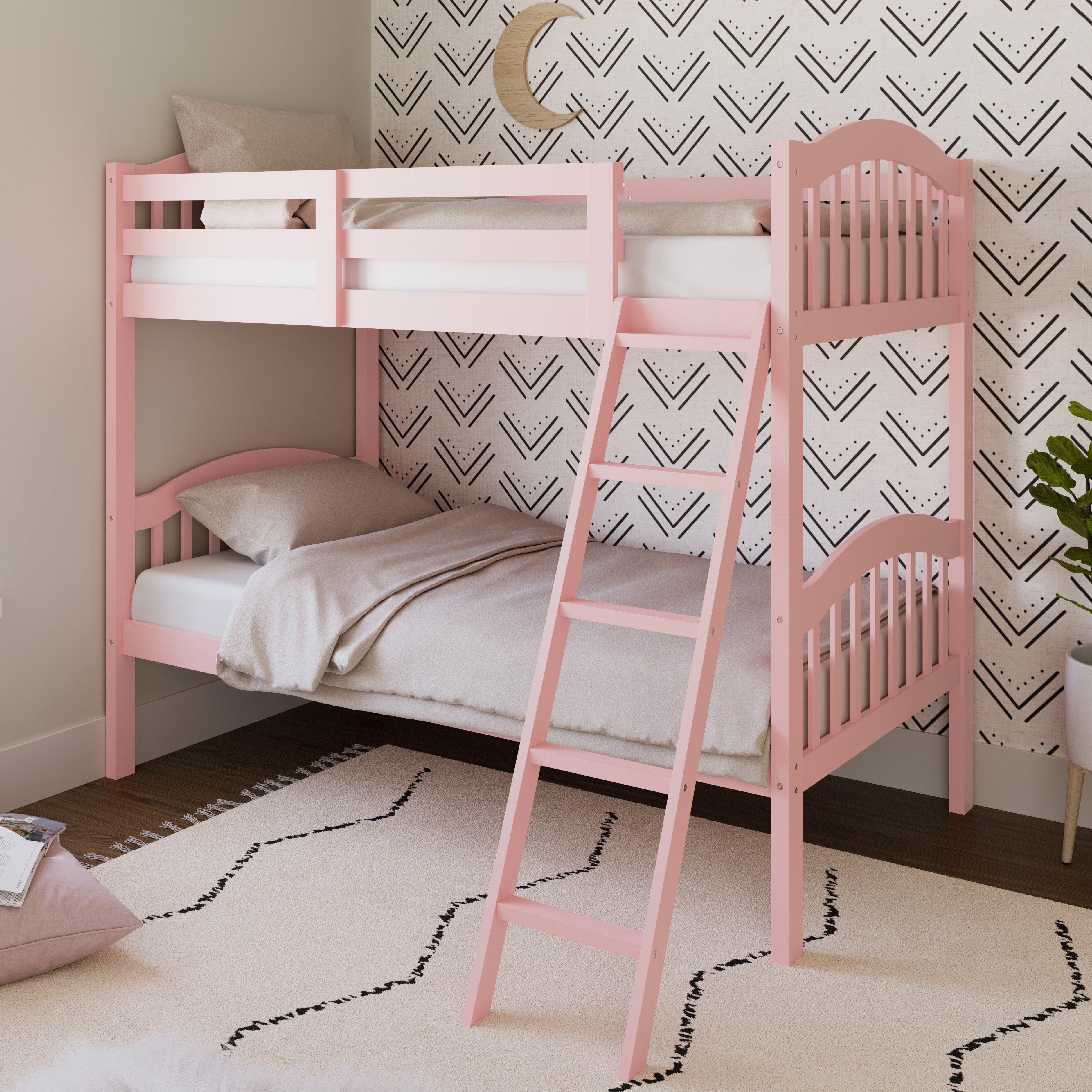 pink bunk bed with fixed ladder side view in nursery