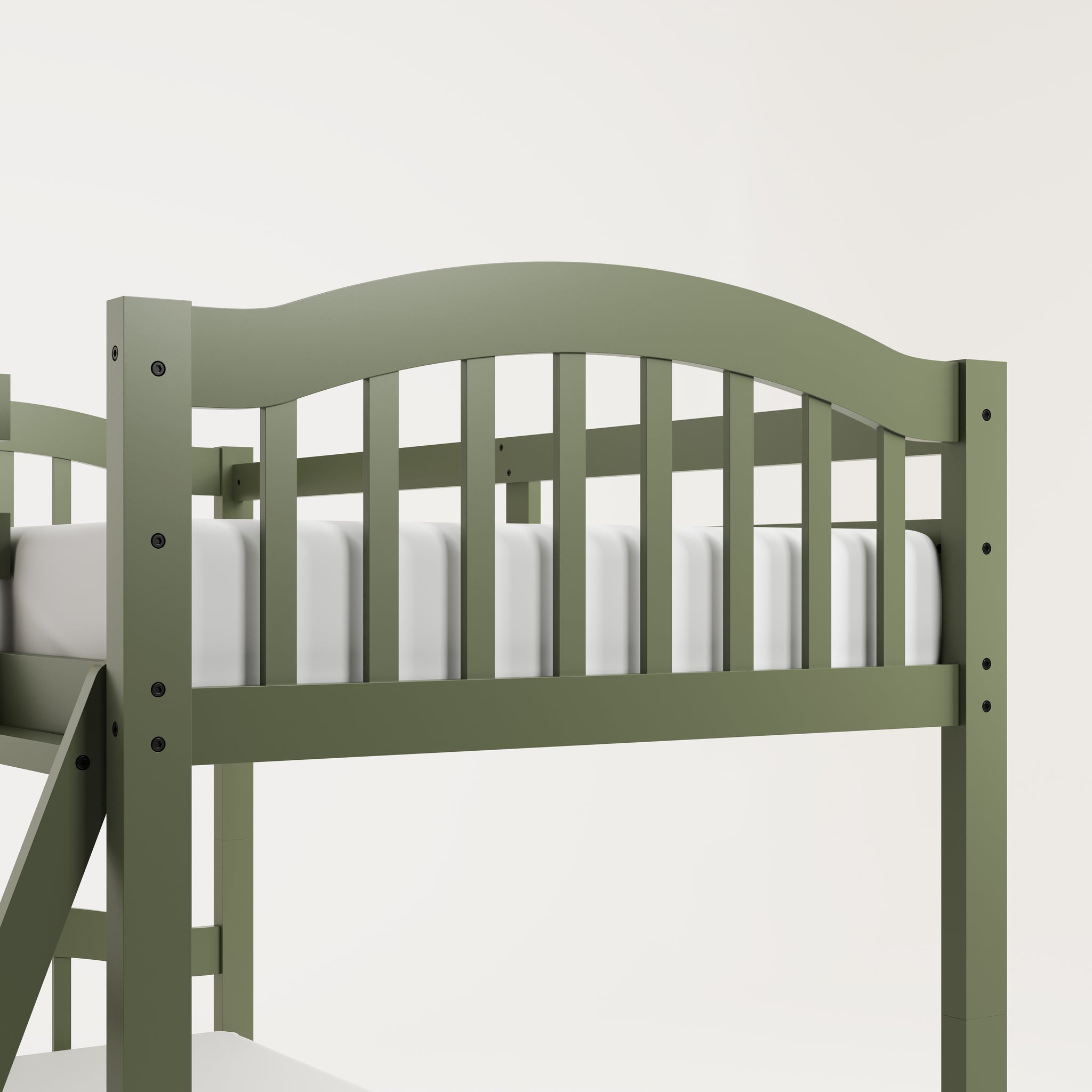 twin bunk bed close up view (olive)