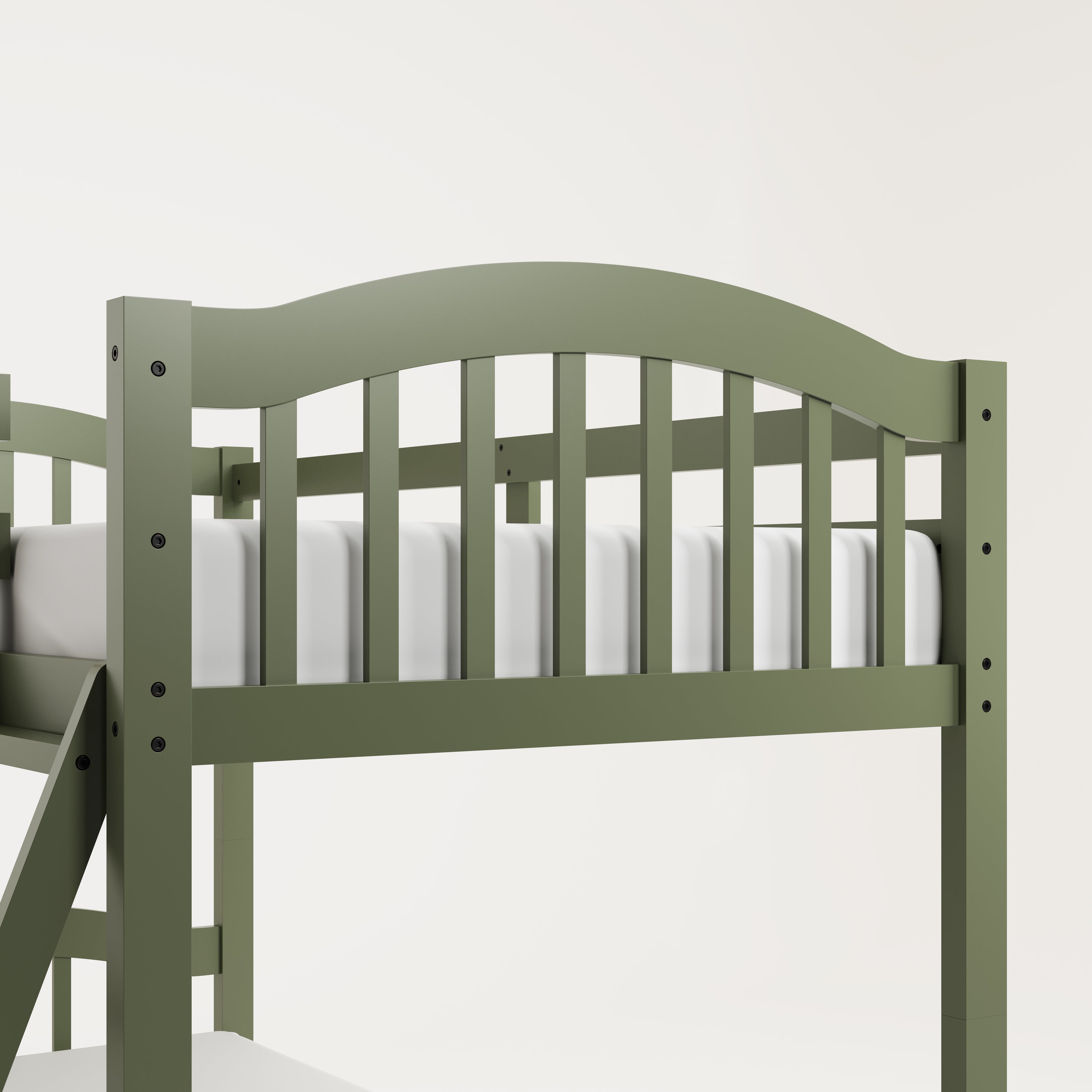 twin bunk bed close up view (olive)