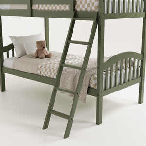 twin bunk bed close up angled view (olive)