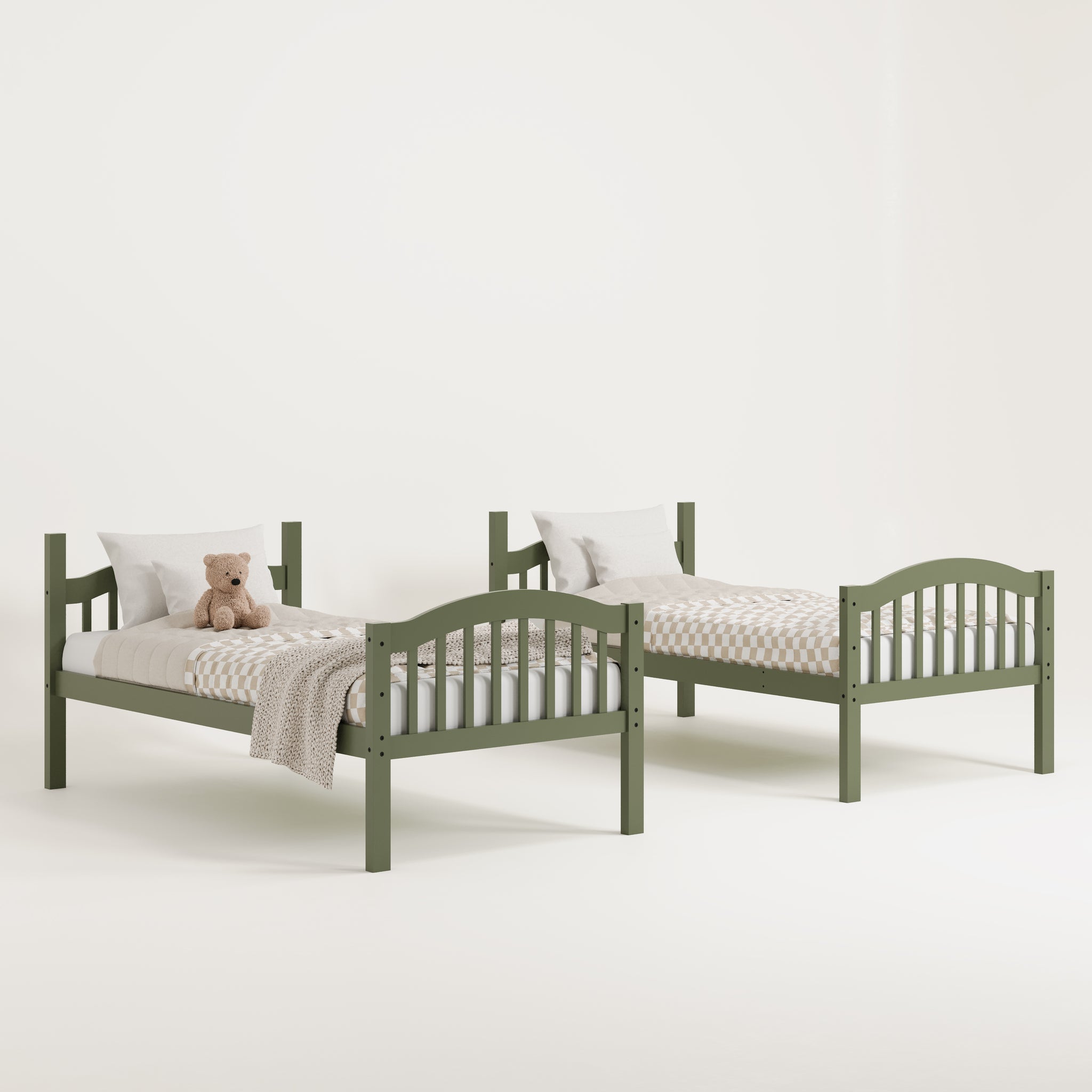 seperated twin bunk bed angled view (olive)