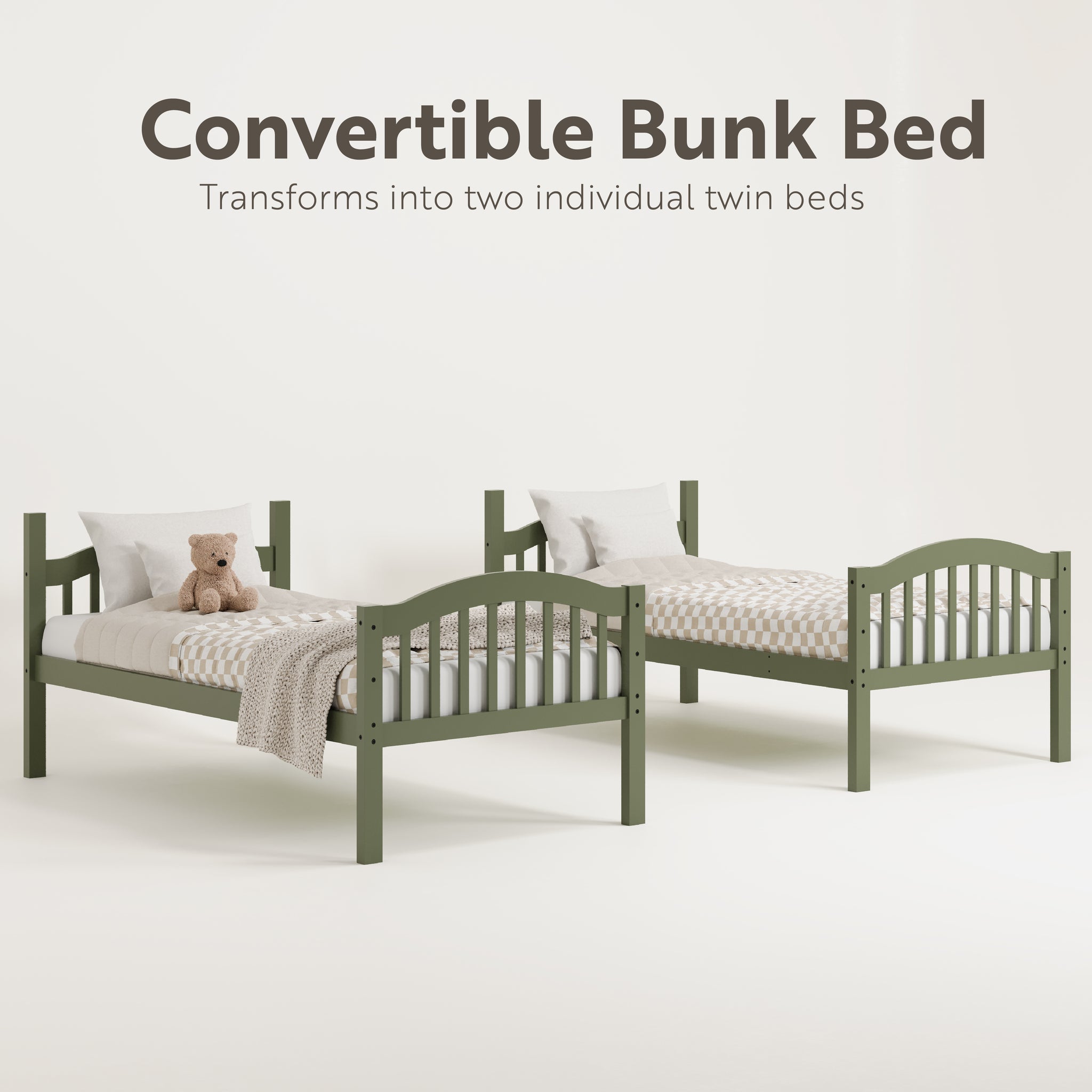 seperated twin bunk bed angled view (olive)