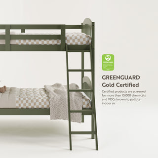 twin bunk bed angled close up view (olive)