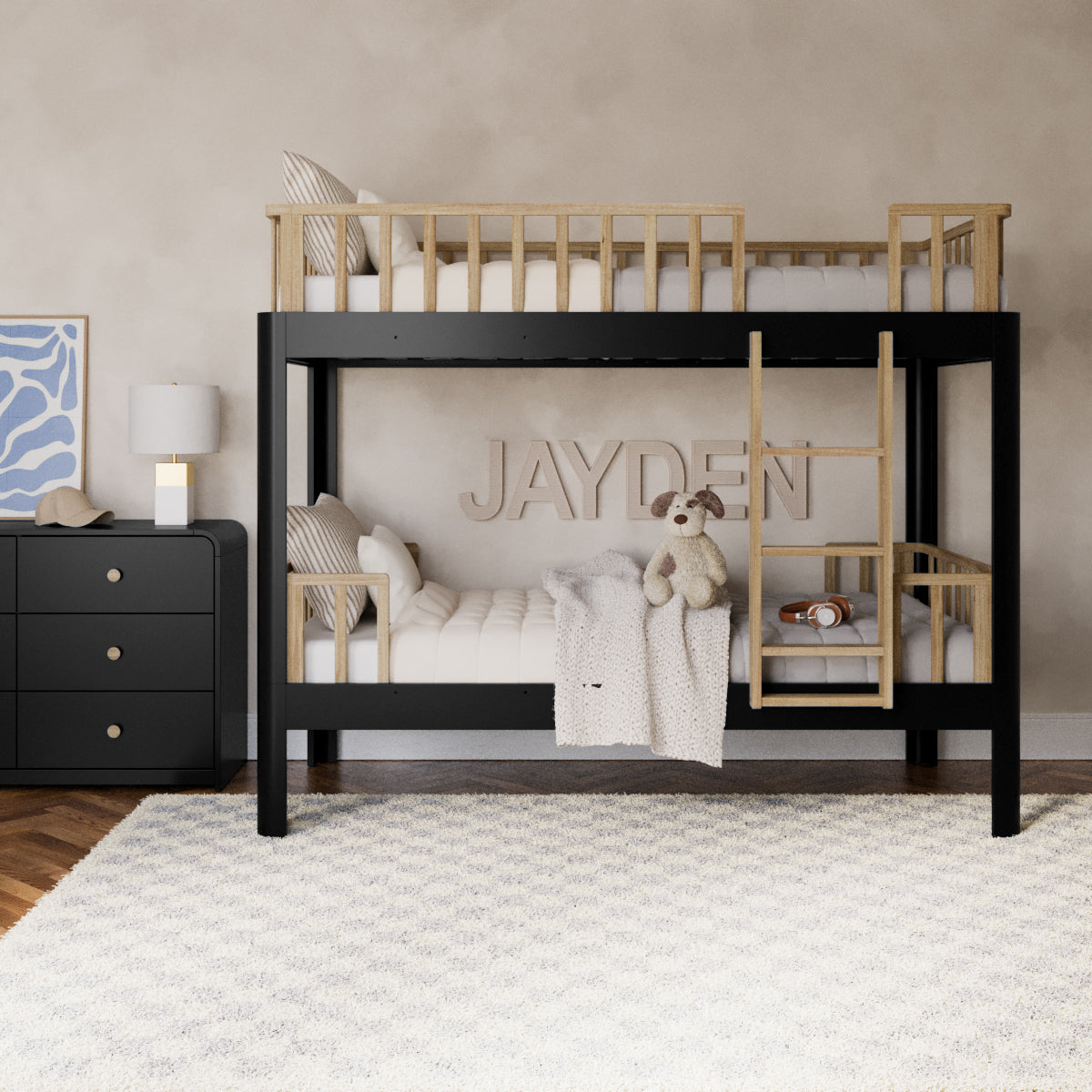 Santos twin bunk bed black and natural in a bedroom