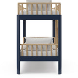 Side view of natural wood and blue bunk bed 