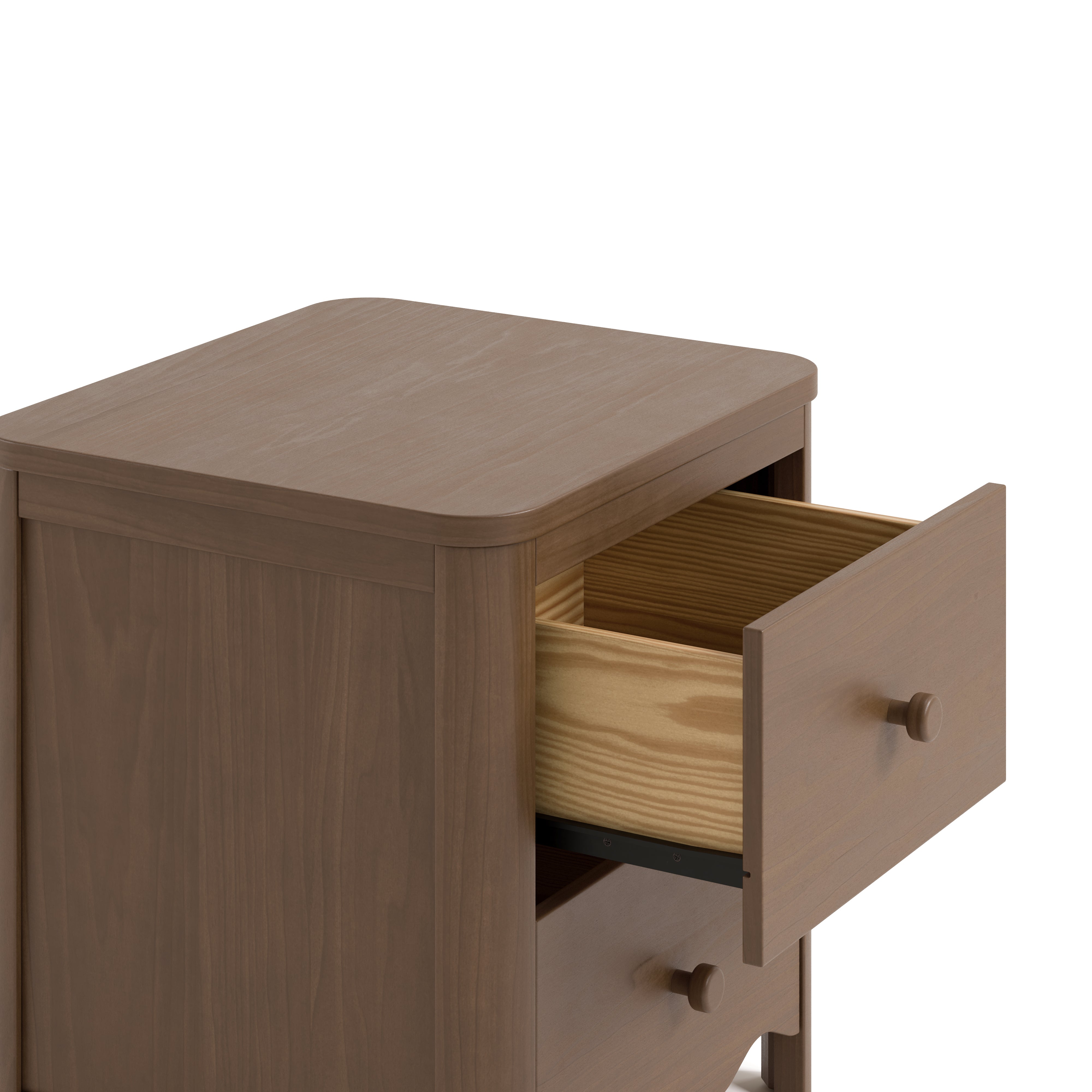 Casablanca hazelnut nightstand close up view with top drawer open