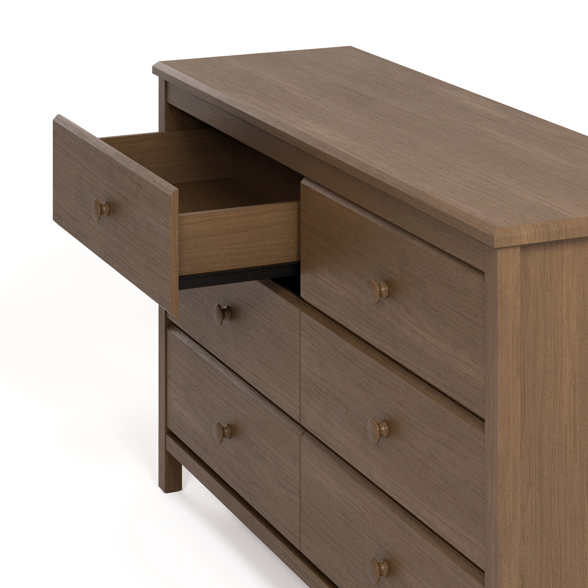 alpine 6 drawer dresser hazelnut close up view of top left drawer open