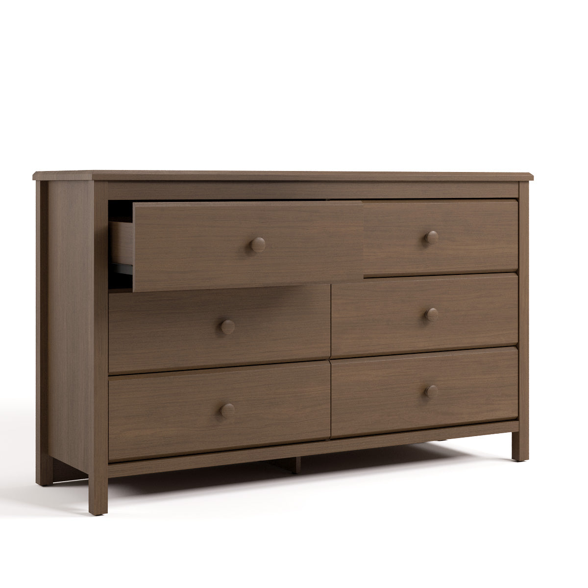 alpine 6 drawer dresser hazelnut angle view with top left drawer open