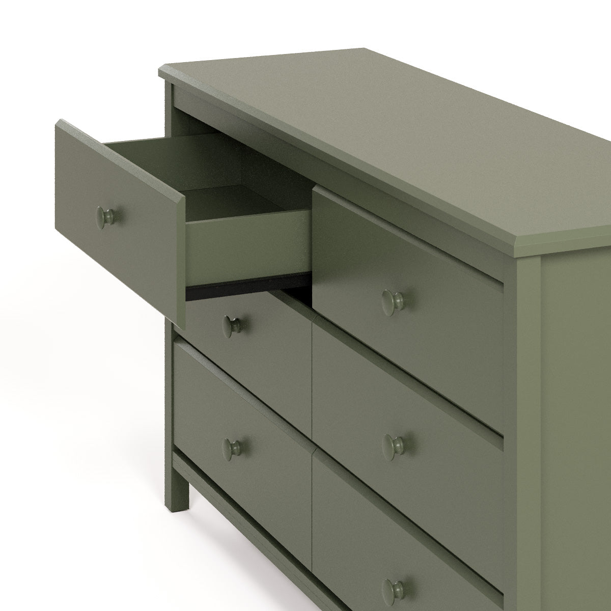 alpine 6 drawer dresser olive close up view of top left drawer open