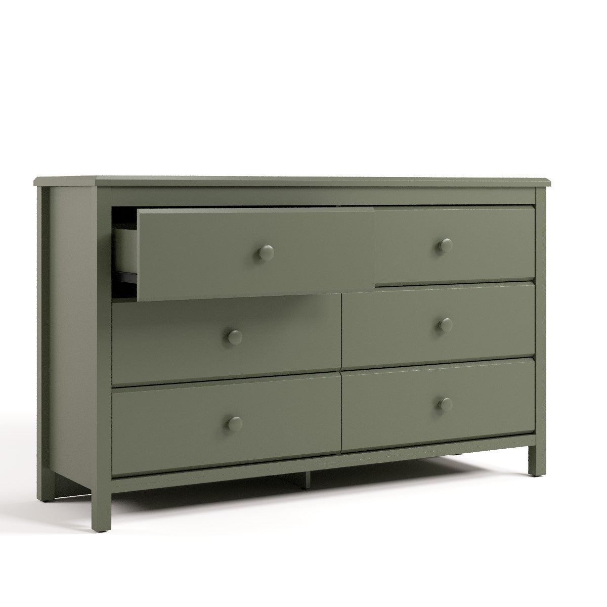 alpine 6 drawer dresser olive angle view with top left drawer open