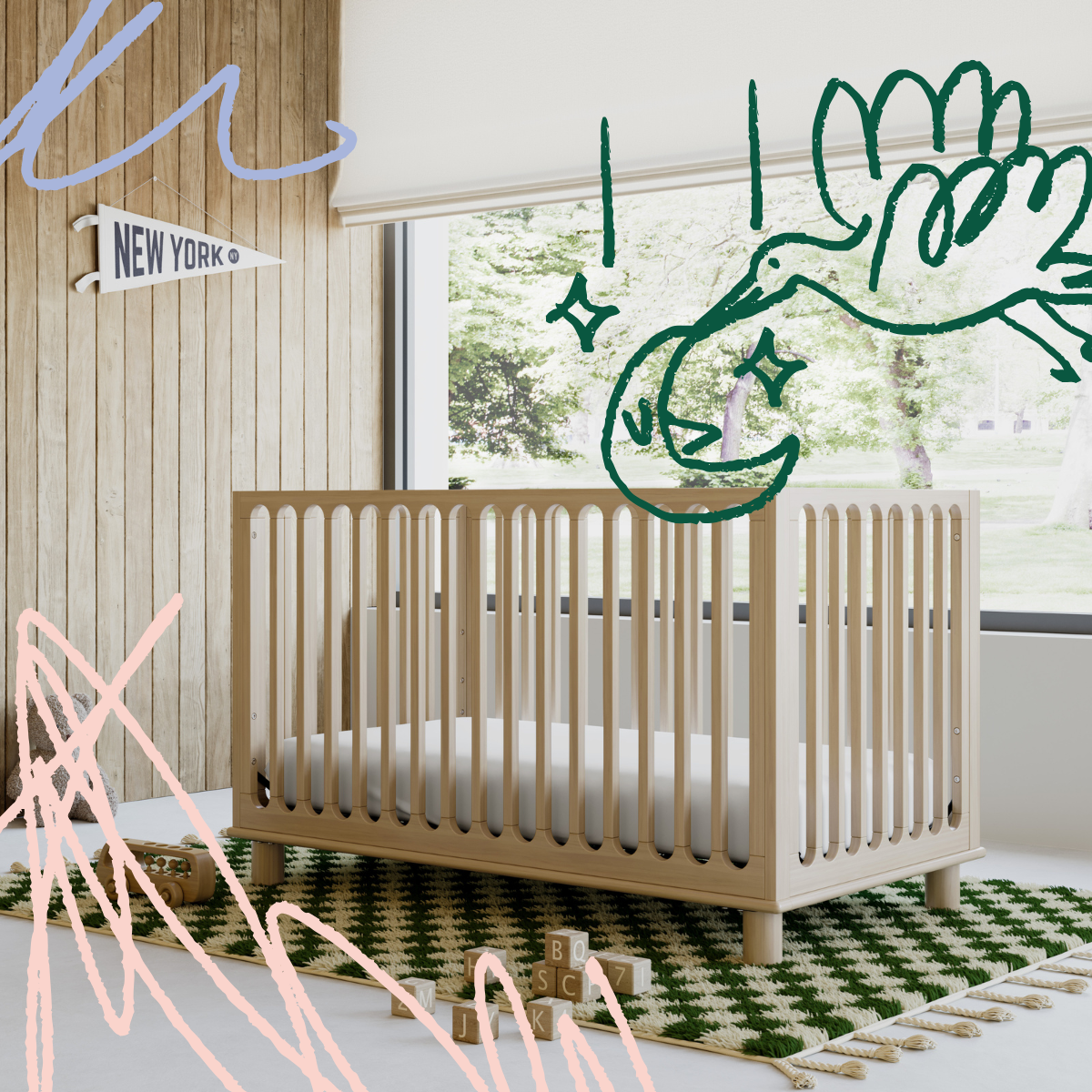 Natural wood baby crib on checkered rug in bedroom with large window, adorned with various colorful scribble sketches